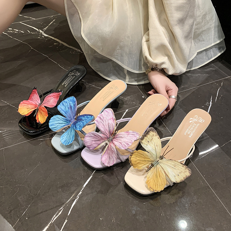 Ddmyoutdoor Open Toe Slippers For Women Sexy Butterfly High Heels Summer New Fairy Style With Dress Outdoor Mid Heel Sandals Outdoor Shoes