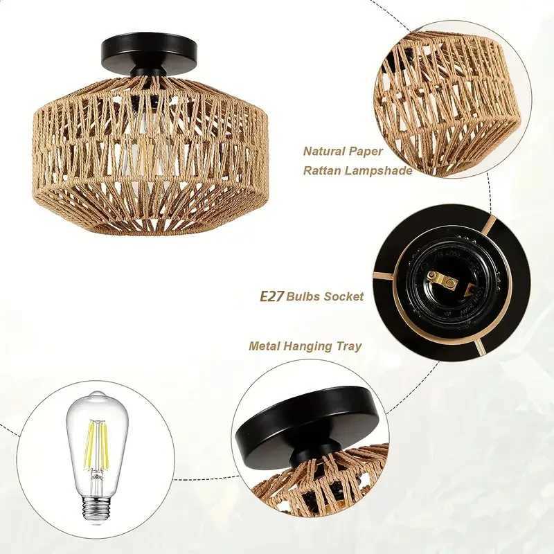 Ceiling Lights Rattan Chandelier Light Fixture Hand Woven Fixture Flush Mount For Hallway Bedroom Kitchen Entrance Living Room XJ2500613
