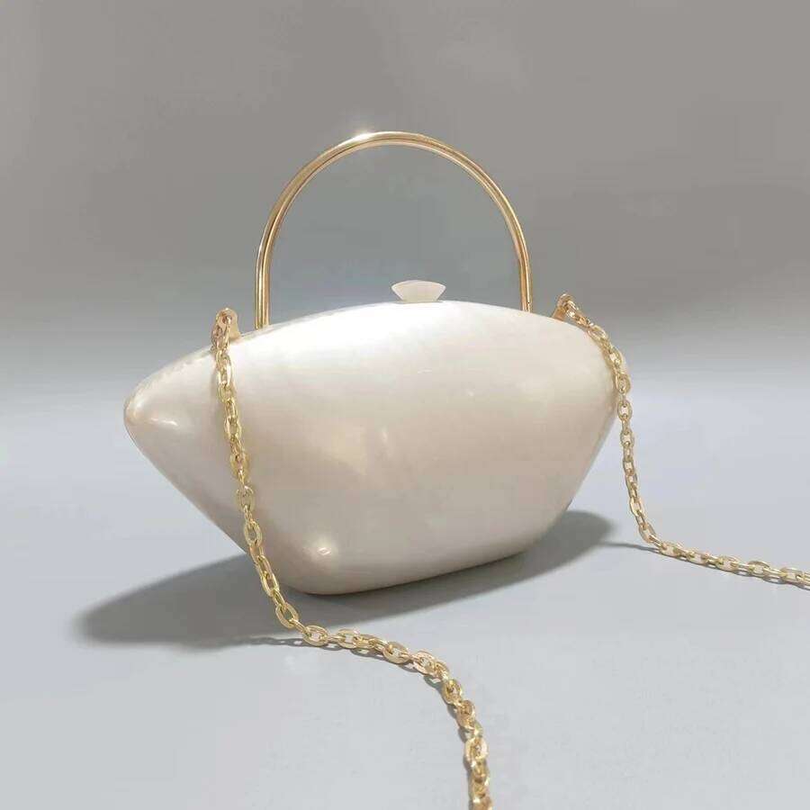 Designer Acrylic Shell Shape Clutch Pearl White Women Evening Party Cute Metal Handle Shoulder Crossbody Bag Small Purse
