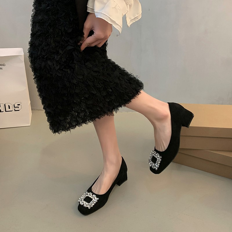 Ddmyoutdoor French Style Square Toe Women S Shoes Early Spring New Rhinestone Chunky Low Heel Slip On Shallow Mouth High Heels Outdoor Shoes