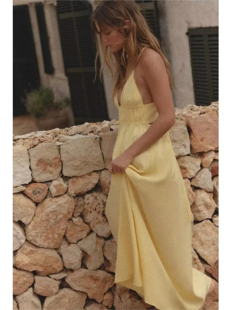 TRAF Flowing Midi Dress V Neck Womens Dress Sexy Backless Thin Straps Lady Dresses With Bow Elastic Waist Party Dress 250613