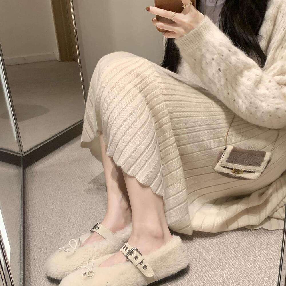 Grape Mom Studiolee Warm and Sweet Bowknot One-Strap Shallow Mary Jane Furry Single Shoes for Women