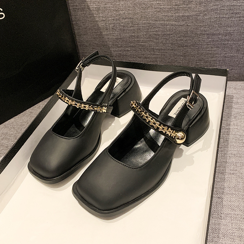 Ddmyoutdoor French Style Black High Heels Closed Toe Sandals Women New Spring Summer Chunky Heel Mary Jane Evening Single Shoes Outdoor Shoes