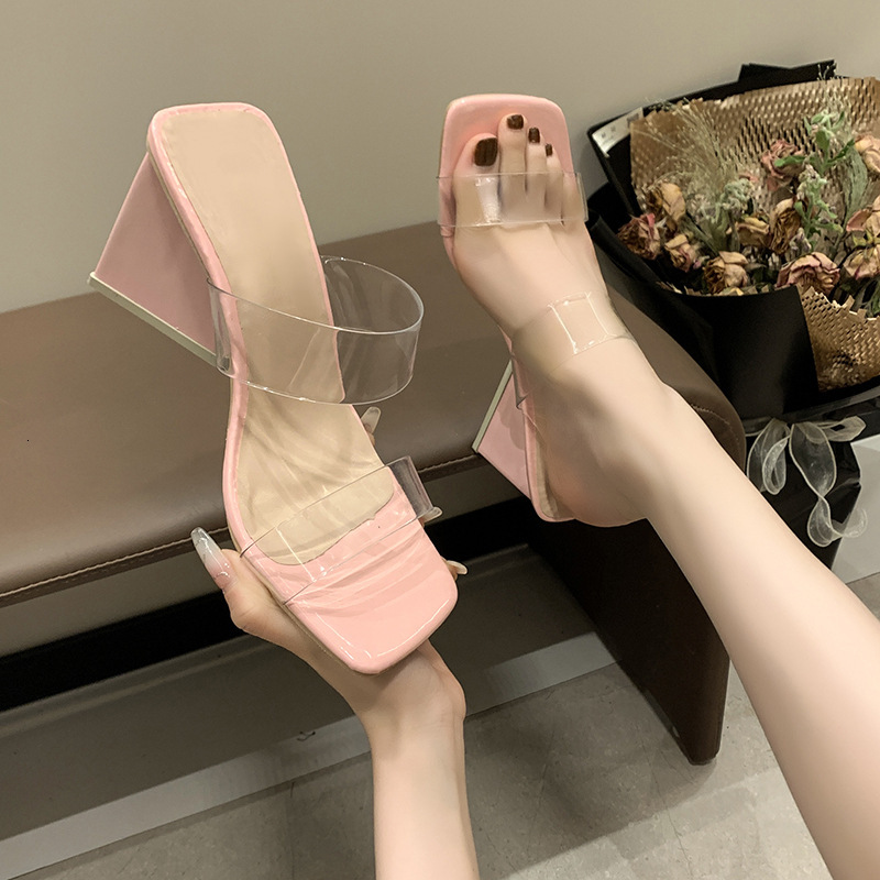 Ddmyoutdoor Fairy Style Transparent Heels Summer New One Strap High Slippers Crystal Chunky Heel Sandals For Women Outdoor Shoes
