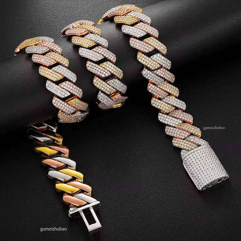 Heavy Hip Hop Jewelry 19mm 3 Tones Sterling Sier VVS Moissanite Iced Out Miami Cuban Link Chain Necklace for Men