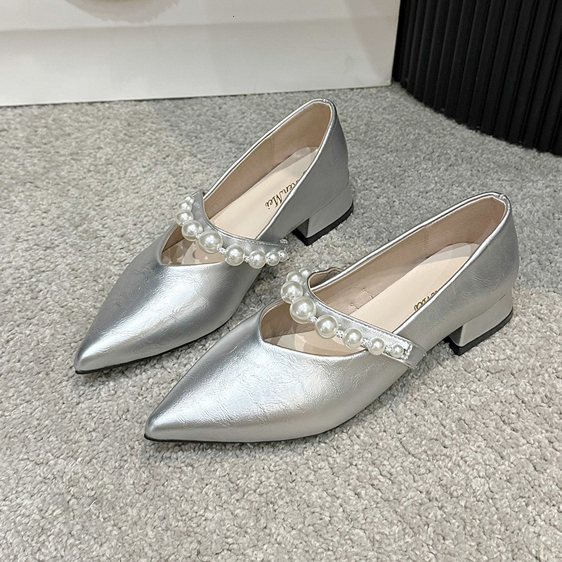 Ddmyoutdoor French Style Mary Jane For Women Spring Summer New Pearl Strap Pointed Toe Dress Shallow Mouth Single Shoes Outdoor Shoes
