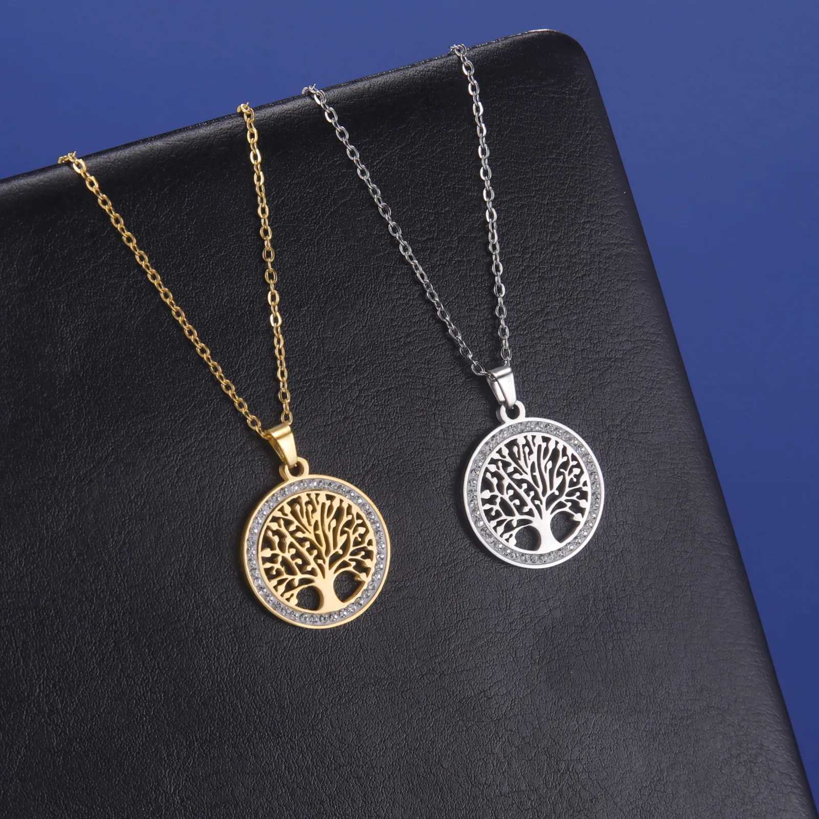 Womens Stainless Steel Gold-Color Tree of Life Necklace with Clear Zircon round Pendant Luxury Jewelry Gift for Weddings Z250614