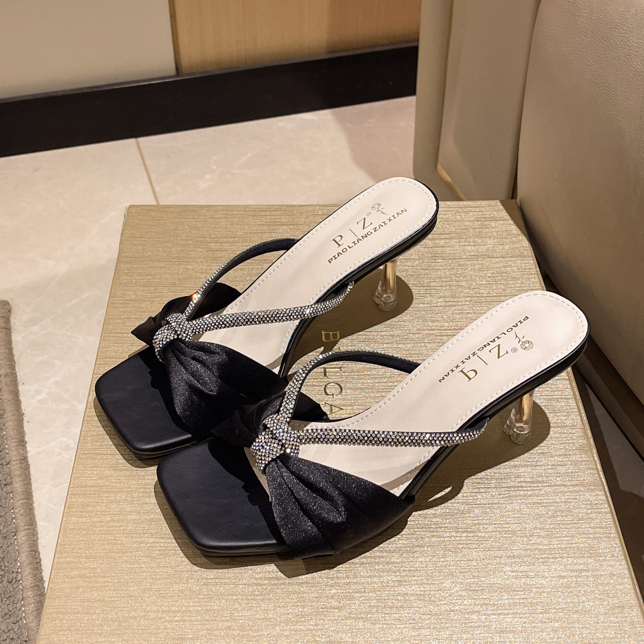 Ddmyoutdoor Black Satin Strap Rhinestone Summer New High Heel Sandals Women S Bowknot Open Toe Outdoor Wear Outdoor Shoes