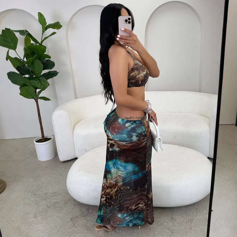 New Women's Fashion Strapless Hollow Out Mixed Color Printed Maxi Dress B5