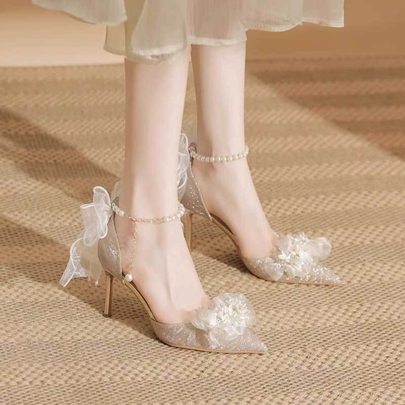 Ddmyoutdoor Pearl Bow High For Women Years Old Coming Of Age Ceremony Thin Heels End Comfortable Fairy Flower Wedding Shoes Outdoor Shoes