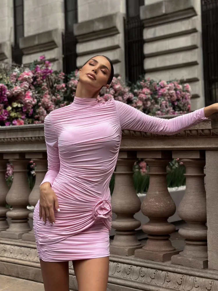 Pink 3d Flower Pleated Mini Dresses Women Elegant Round Neck Lace Up Full Sleeve Short Dress Summer Lady Highstreet Party Robes 250612