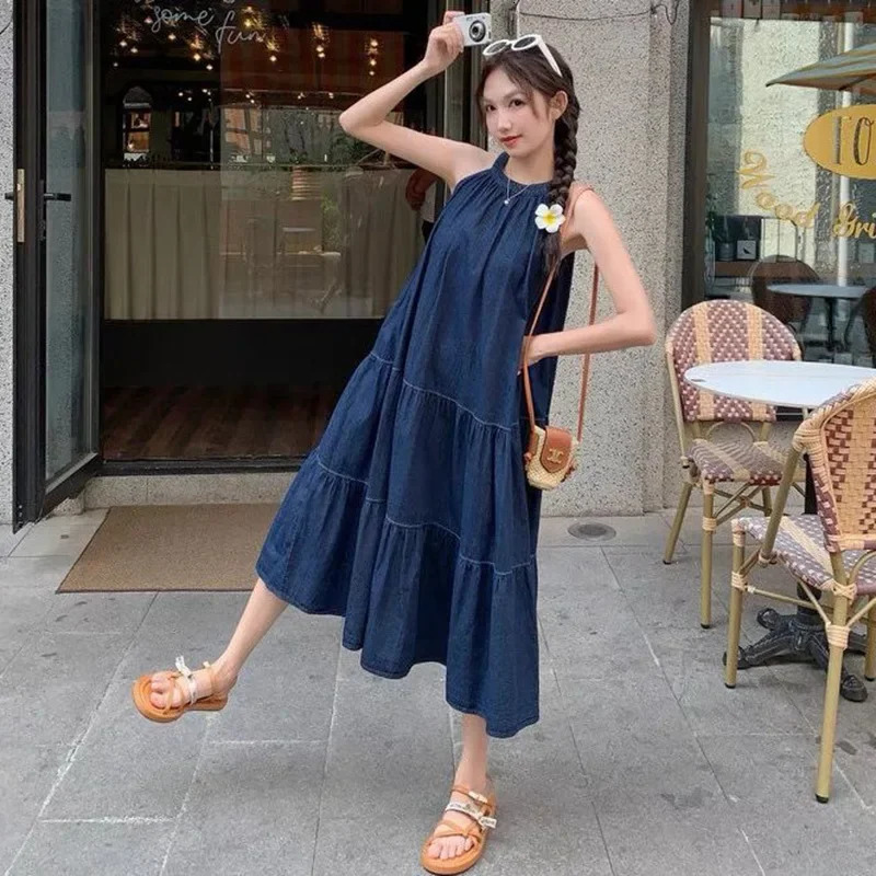 French Style Off-Shoulder Denim Dress Womens Fashion Loose Slimming A- Line Skirt Elegant Summer Arrival Casual Dress 250609