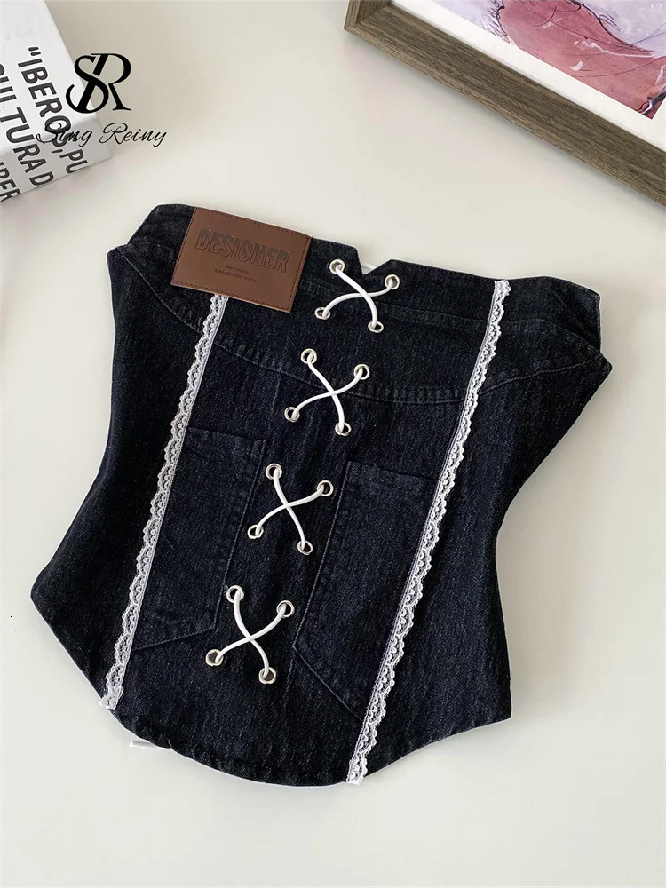 SINGREINY Denim Camisole Female Strapless Cross Ruched Backless Lace Mini Top Fashion Elastic American Retro Sexy Tank Top 250611