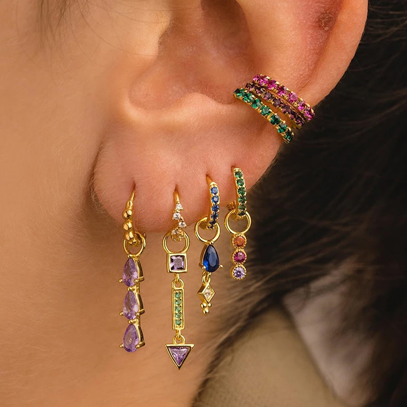 Exquisite Gold Color Rainbow Dangle Earrings for Women Colorful Zircon Piercing Hoop Earrings Set Fashion Jewelry Wholesale 250610