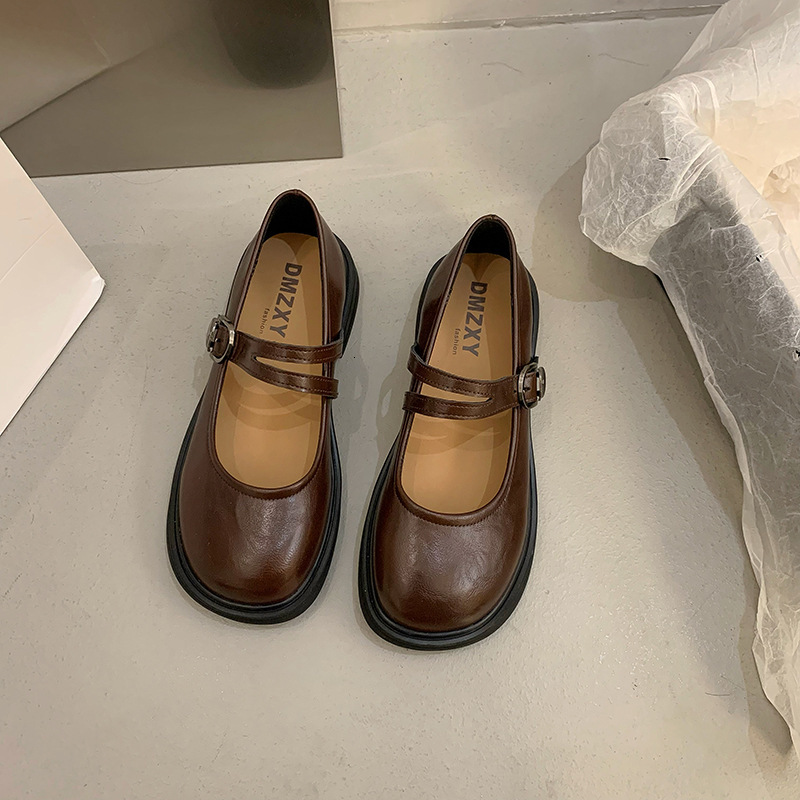 Ddmyoutdoor Round Toe Shallow Mouth Single Spring Autumn New British Style Small Leather For Women Korean Version Flat Mary Jane Shoes Outdoor Shoes