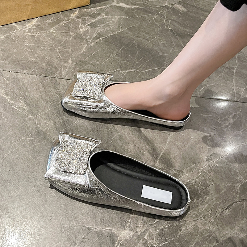 Ddmyoutdoor Square Shallow Mouth Shoes Korean Style Leather Flat Slip On Rhinestone Velvet Slippers Women S Closed Toe Outdoor Shoes