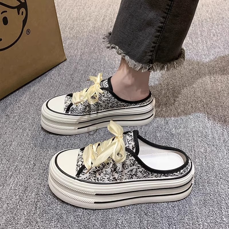 Ddmysports High End Closed Toe Slippers For Women Outdoor Wear Summer New Style Chinese Embroidered Thick Soled Backless Canvas Shoes Outdoor Shoes