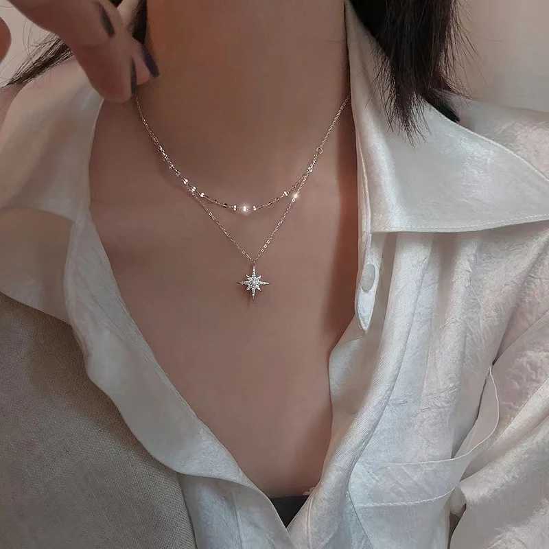 Hot Sale 925 Sterling Silver Star Double Layer Necklace Charm Moon Pendant Choker For Women Birthday Gift Beautiful Accessories Z250614