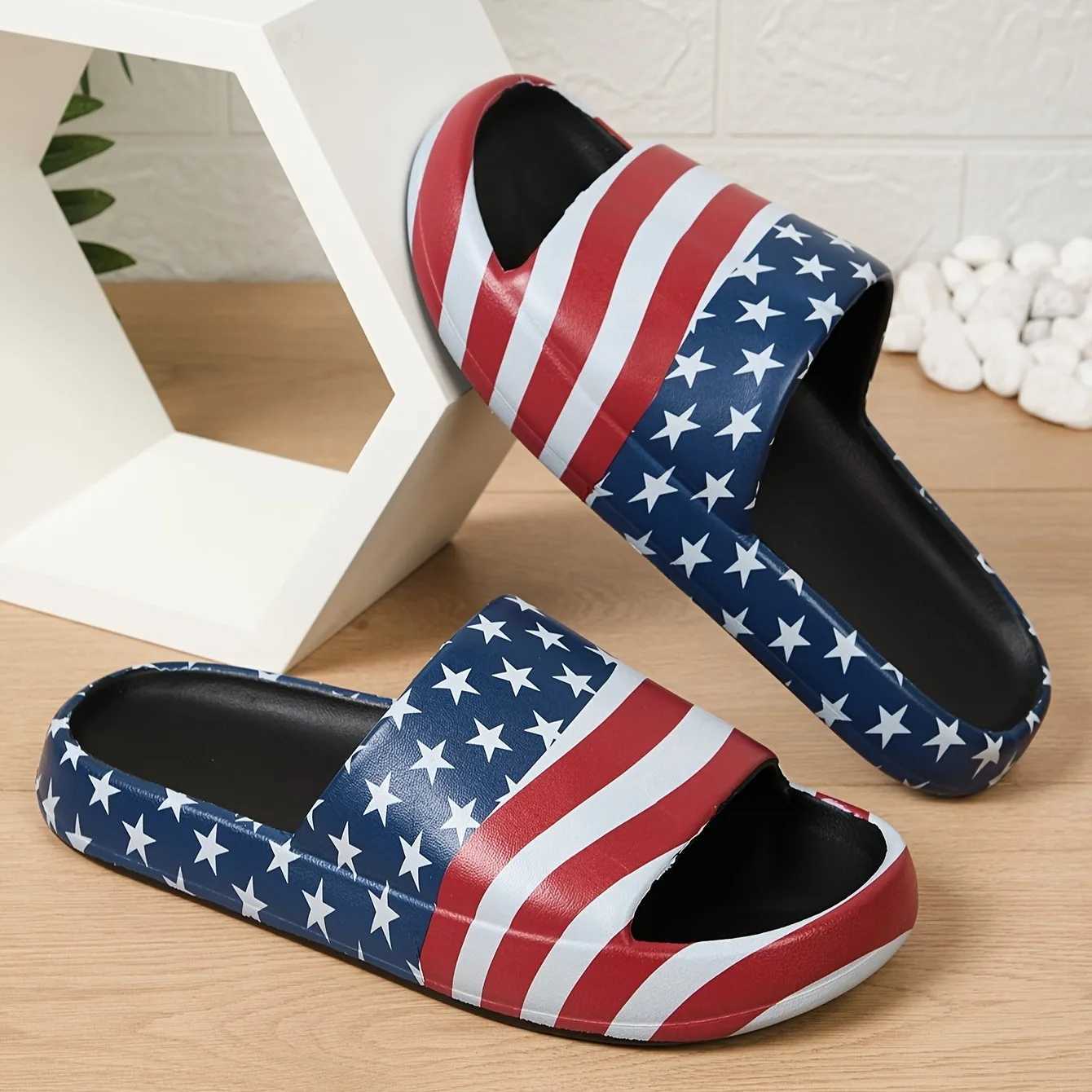Summer Thick Sole Slippers Trendy Flag Print Slides Casual Open Toe Soft Sole Shoes Comfortable Indoor Home Slides Z250614