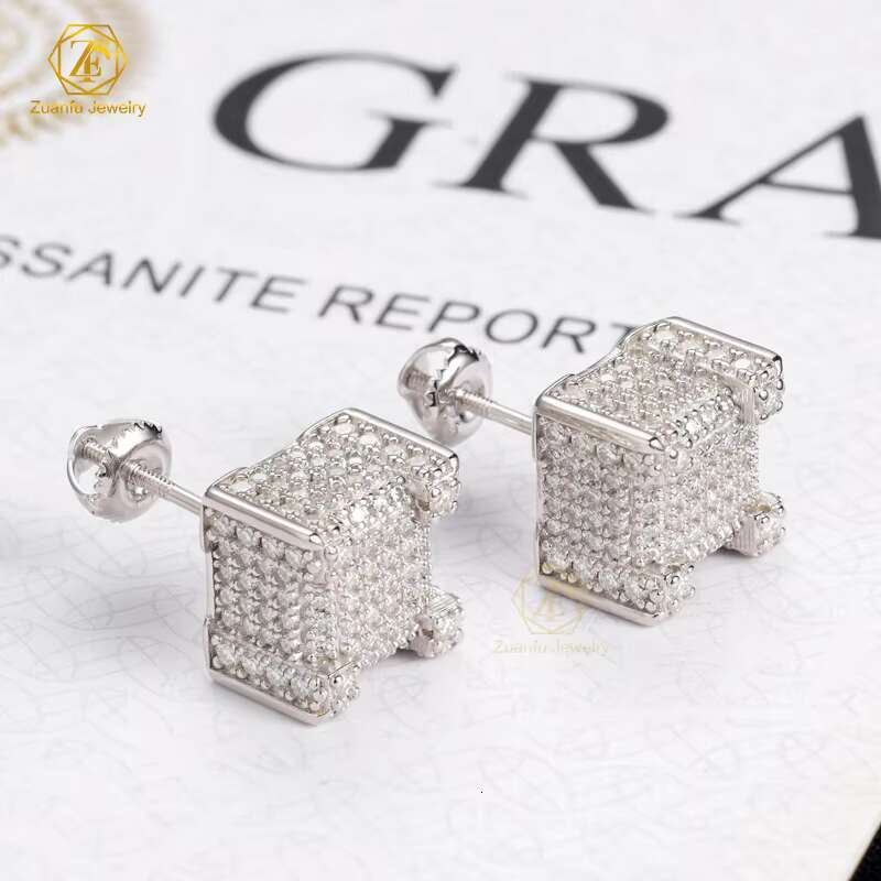 Drop Shipping Iced Out Hip Hop Sterling Silver 925 Silver Gold Plated Screw Back Square Moissanite Diamond Stud Earrings Men