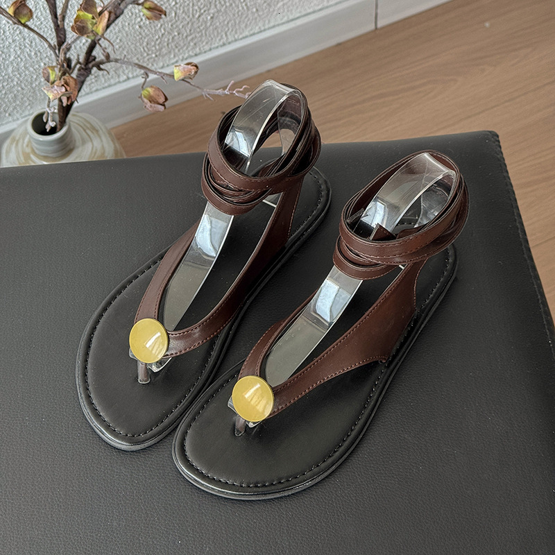 Ddmyoutdoor Niche New Flat Lace Up Toe Post Vacation Style Versatile Casual Thong Roman Beach Sandals Outdoor Shoes