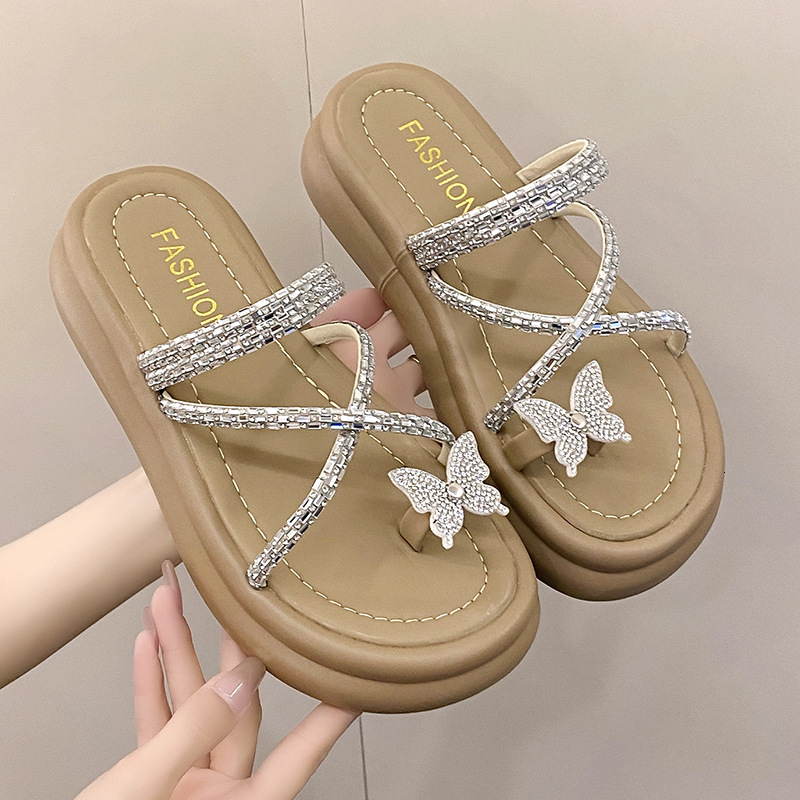 Ddmyoutdoor Thick Soled Women S Summer Outdoor Slippers New Style With Shiny Rhinestones Cross Straps Butterfly Toe Ring Roman Sandals Outdoor Shoes