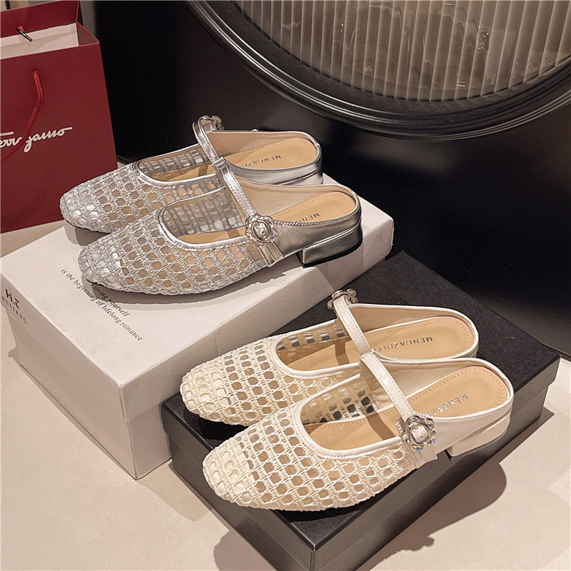 Ddmyoutdoor Super French Hollow Woven One Strap Chunky Single For Women Spring Summer Faux Square Toe Soft Leather Low Heel Mary Jane Shoes Outdoor Sh