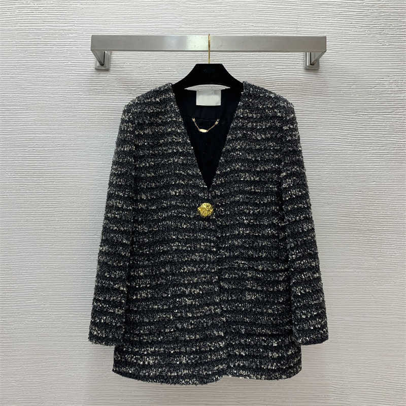 Tweed fabric jackets womens designer High quality Gold thread Blend One button top V-neck Long sleeves Plus Size Autumn coat