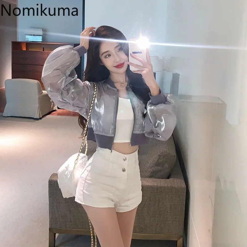 Streetwear Summer Women Jackets Stand Neck Long Sleeve Zipper Y2k Tops Womens Fashion See Through Casual Crop Coat 250611