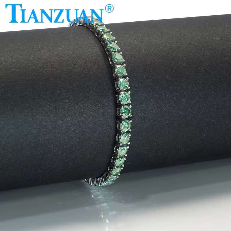 925 Sterling Silver Hip Hop Iced Out Green Round Brillant Moissanite Tennis Chain Bracelet Synthetic Diamond Jewelry