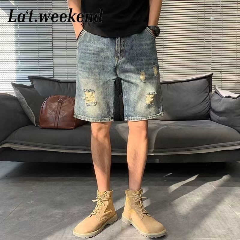 Ripped Denim Shorts Mens Trendy Loose Casual Retro Fivepoint Pants Summer Midsize w250520