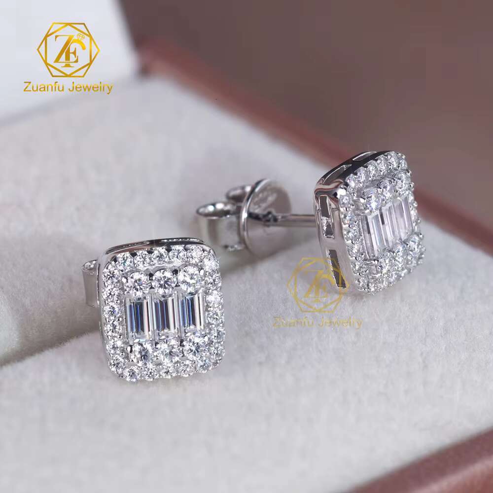 Wholesale Jewelry Hip Hop Iced Out Classic 925 Silver Baguette Moissanite Stud Earrings for Men Women