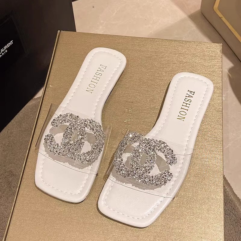 Ddmysports New Women S Outdoor Flat Slippers Summer Versatile Transparent Rhinestone One Strap Sandals With Rhinestones Outdoor Shoes