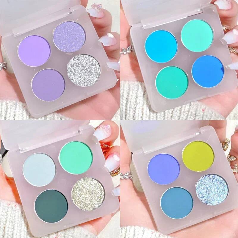 4-Color Cut Off Purple Green Shadow Glitter Pearly Colorful Eyeshadow Korean Eye Makeup Palette