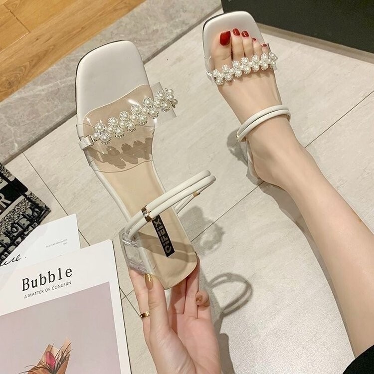 Ddmysports Summer New Versatile Women S Sandals Mid Crystal High Heels Chunky Heel Two Way Wear Rhinestone Outdoor Slippers Outdoor Shoes