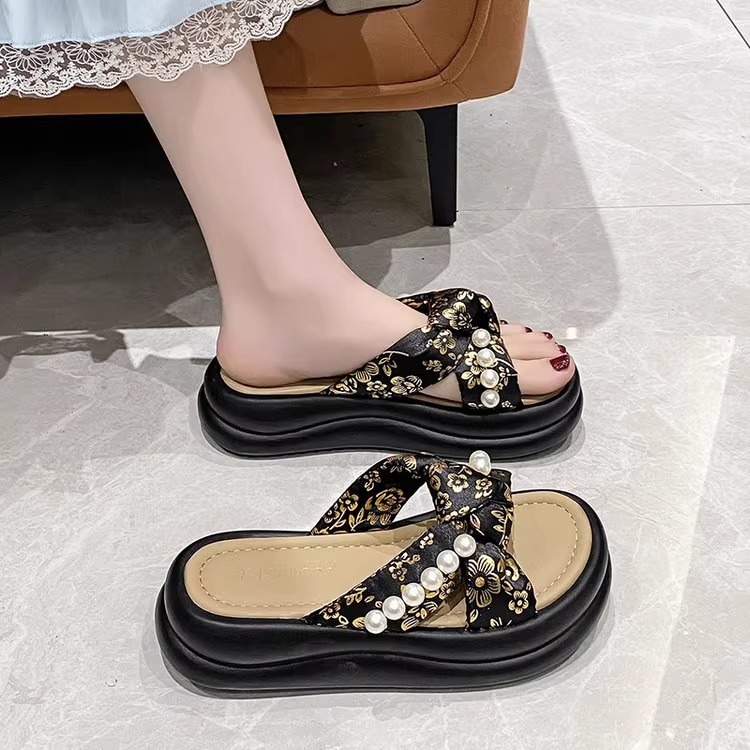 Ddmysports Fairy Thick Soled Height Increasing Outdoor Slip On For Women Summer New Chinese Style Beach Pearl Sandals Outdoor Shoes