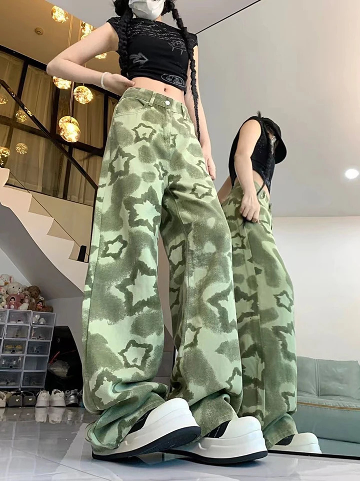 Vintage Green Star Jeans Women Camouflage Harajuku Streetwear High Street Trousers American Y2K Casual Baggy Denim Pants Z260313