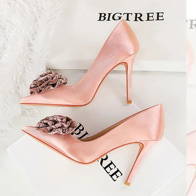 BIGTREE Spring Autumn Fashion Silk Flower Women Pumps Elegant Thin Heels WEDDING Party Shoes Zapatillas De Mujer 250613