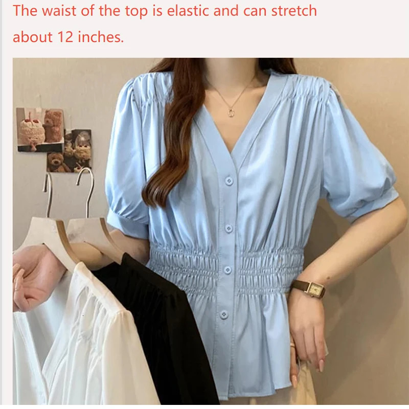 Simple Vneck Elastic Waist Shirt And Blouse Short Sleeve Solid Top Women Clothing French Allmatch Single Breasts Casual Summer 250614