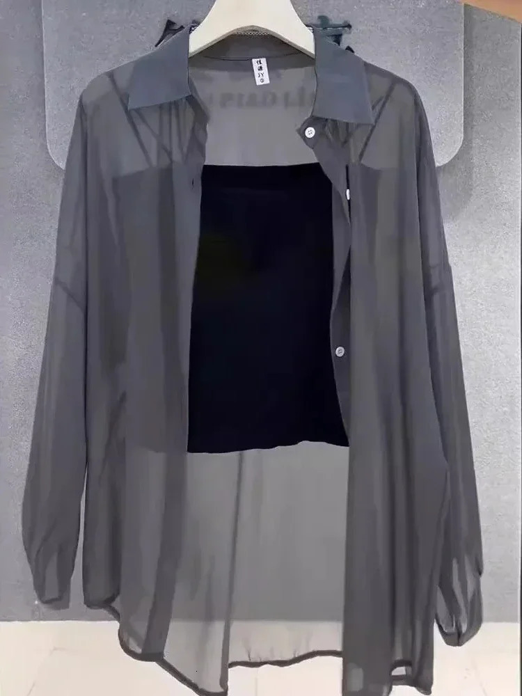 Plus Size Womens Shirts Summer Breathable and SunProof Ice Silk with Button Thin Loose Sheer Chiffon Blouses Long Sleeve 250614