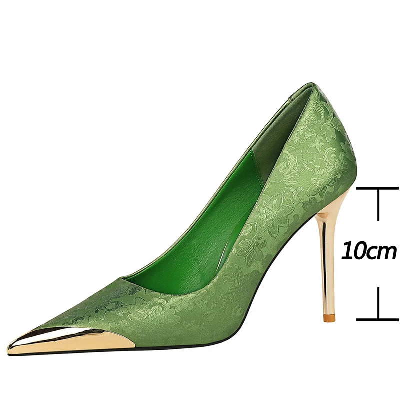 BIGTREE Shoes Metal Pointed End Women Pumps Silks Satins High Heels Ethnic Style Women Stilettos Heels 10 Cm Banquet High Heels 250613