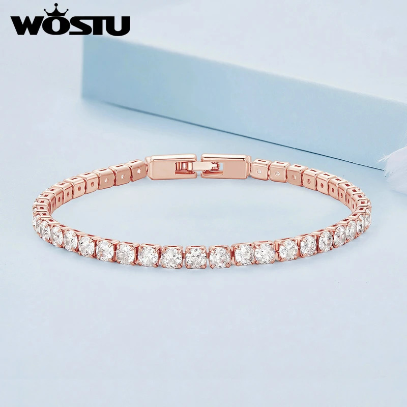 WOSTU Tennis Chain Bracelet For Women Fashion Cubic Zircon Crystal Silver Gold Rose Gold Color Wedding Party Jewelry Accessories 250610