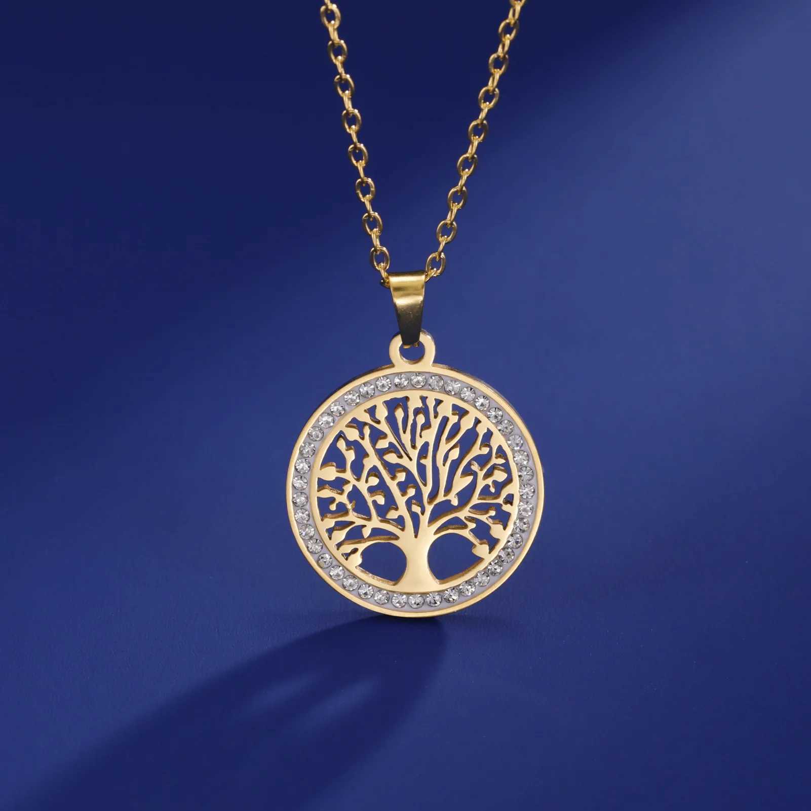 Womens Stainless Steel Gold-Color Tree of Life Necklace with Clear Zircon round Pendant Luxury Jewelry Gift for Weddings Z250614