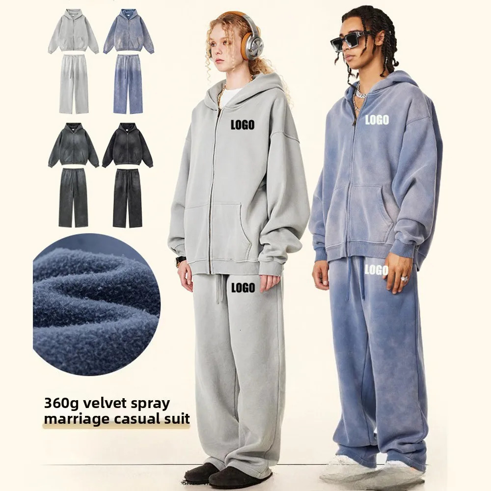 Custom Mens Autumn Winter 360G Fleece Hooded Sweater Cardigan Jacket Straight Casual Pants TwoPiece Set for Men and Women 250614