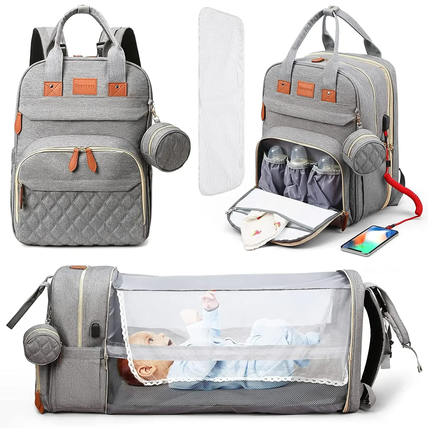 3 In 1 Diaper Bag Backpack Foldable Baby Bed Waterproof Travel Bag with USB Charge Diaper Bag Backpack with Changing Bed 3 types 250614