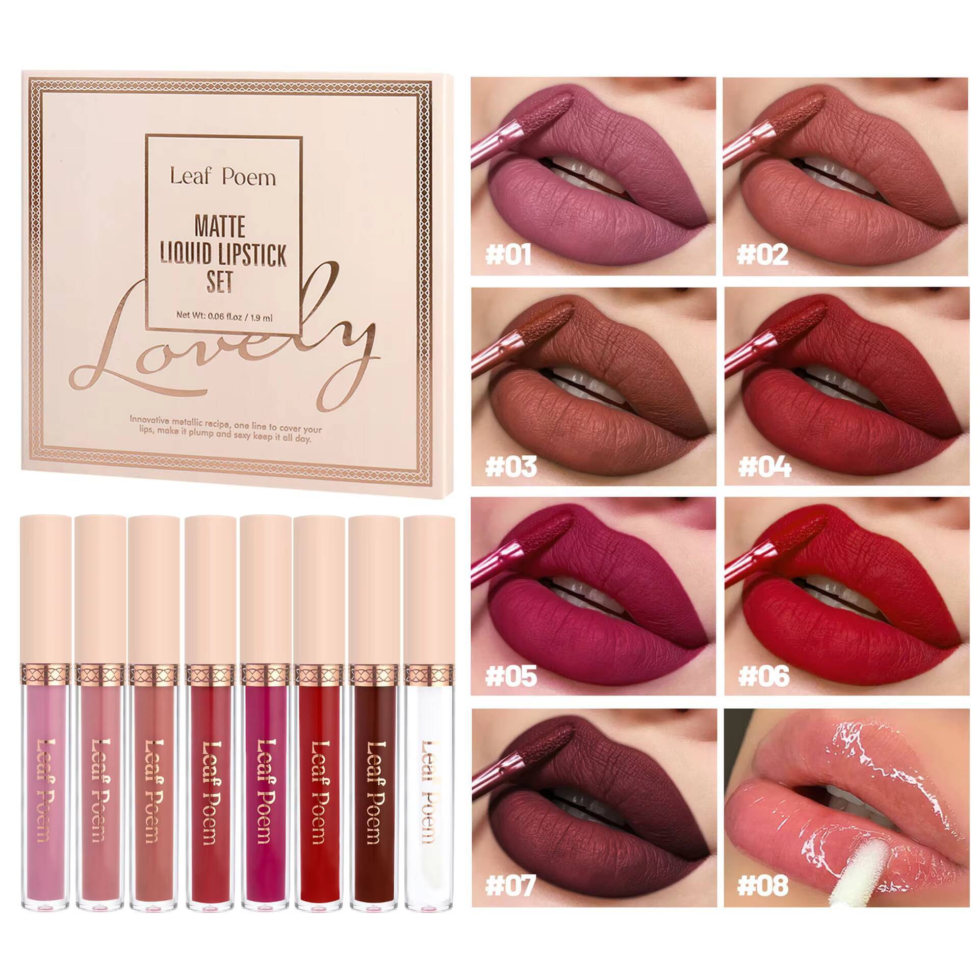 8 pcs matte liquid lipstick, glaze - waterproof, non-stick, long-lasting lip gloss, brown, pink, purple and red tones, suitable for Valentine's D
