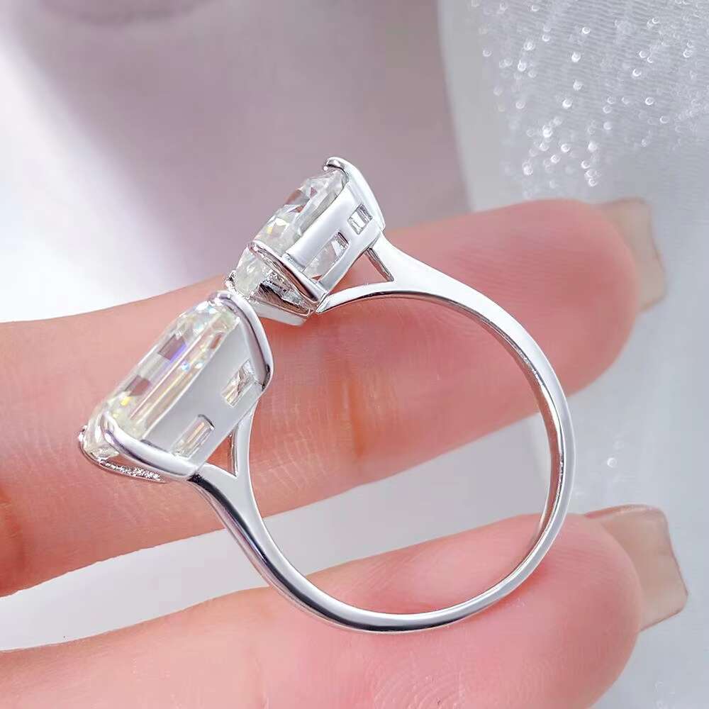 FOXI Waterdrop Moissanite Ring Inspired Wedding Open Adjust Rings Emerald and Pear Cut Moissanite Diamond Sterling Silver Ring
