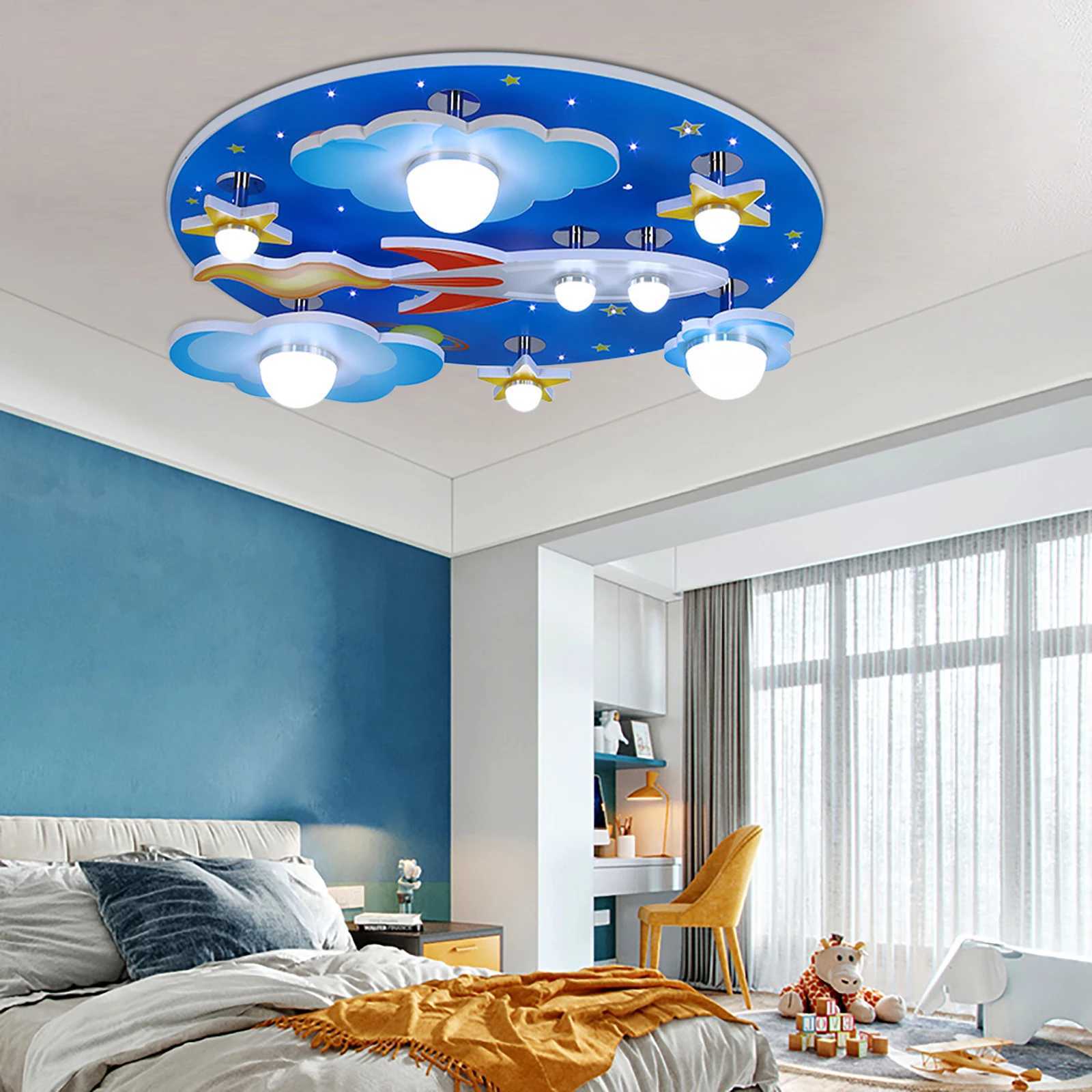 23.62 Modern Cartoon LED Ceiling Light Dimmable Blue Wood Cosmic Stars Flush Mount Chandelier Childrens Room Lighting Fixture XJ2500613