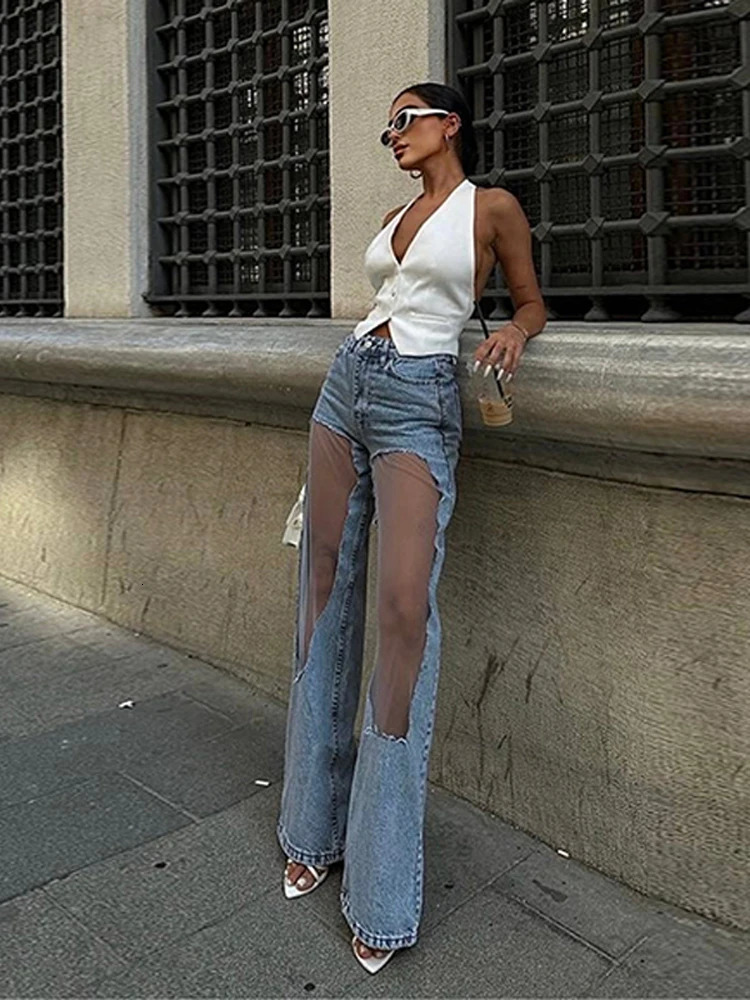 2K Cutout Gradient Womens Denim Pants Mesh Patchwork Low Rise Jeans for Women Baggy Wide Leg Dragging Vintage Trousers 250612