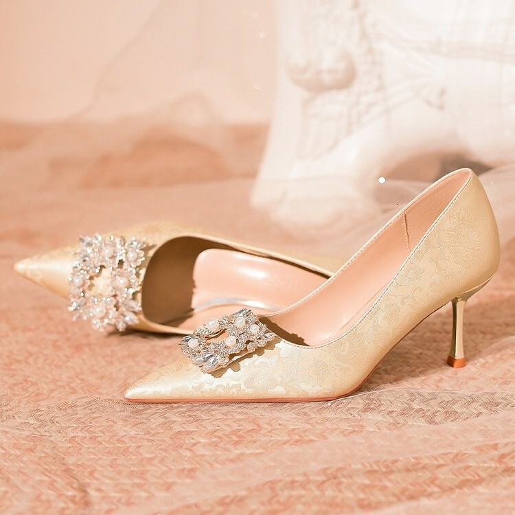 Ddmyoutdoor New Style Rhinestone Pointed Toe Stiletto Pearl Wedding Bridesmaid Shoes Elegant Commuter Professional Heels For Women Outdoor Shoes